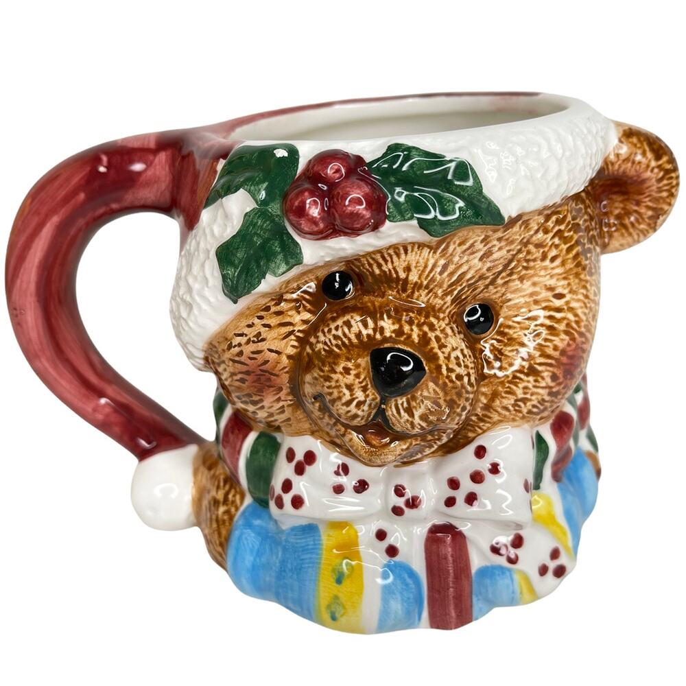 3D Teddy Bear Christmas Mug Santa Hat Holly Large Ceramic Holiday Cup